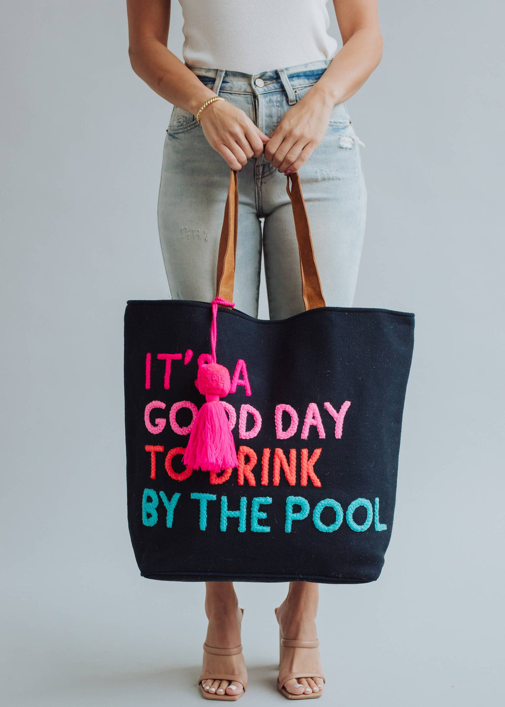 Poolside Bliss Woven Cotton Tote - Navy