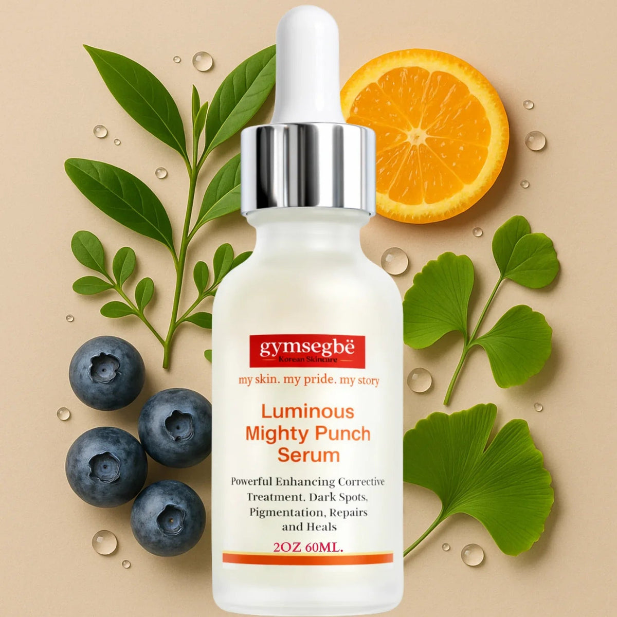 One gymsegbë Luminous Mighty Punch Serum 60 ml dropper bottle with fruit and green leaves