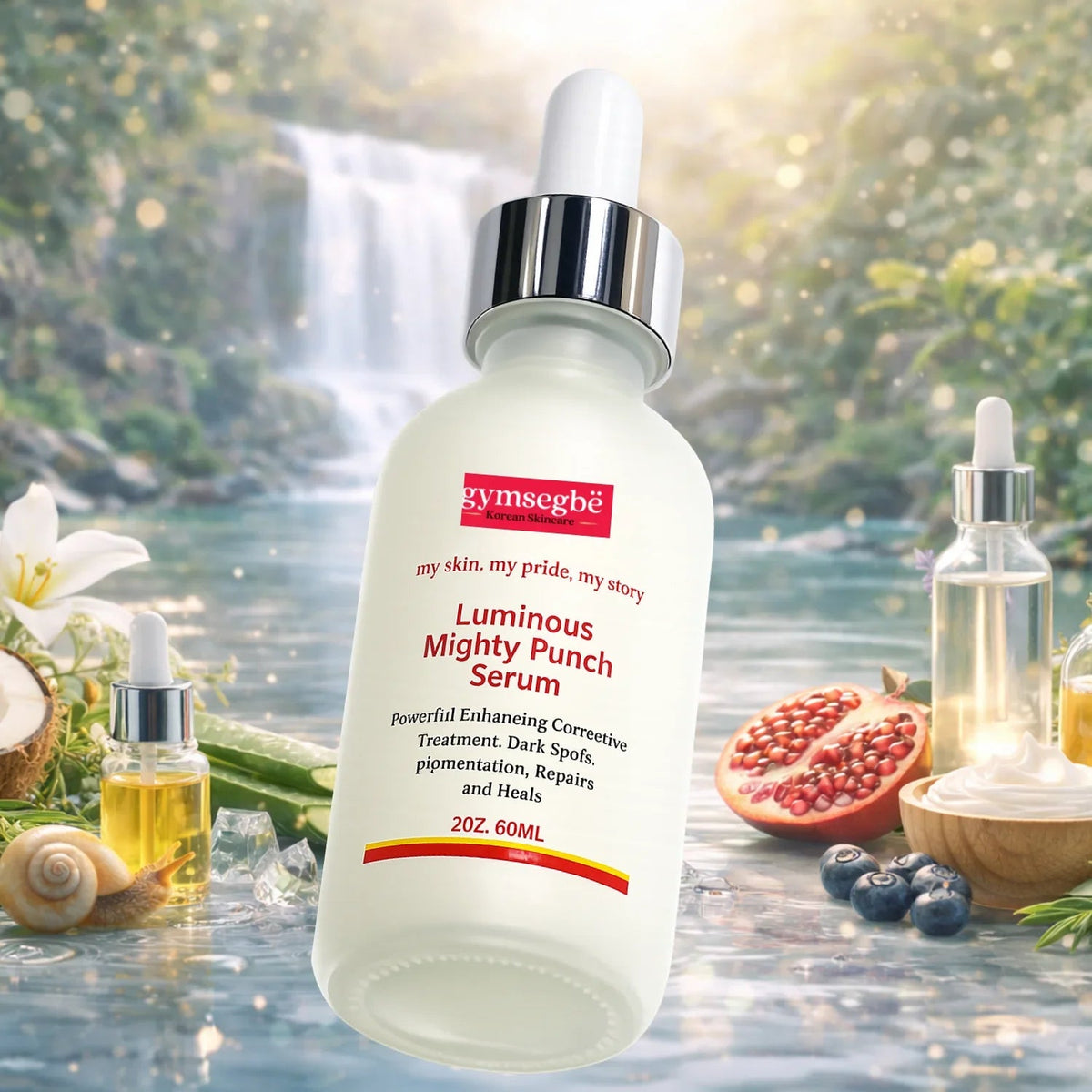 gymsegbë Luminous Mighty Punch Serum 60 ml dropper bottle with fruit, leaves and a waterfall background