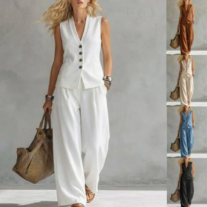 Linen-Blend Vest & Pants Set - Accessorizeyourvibe