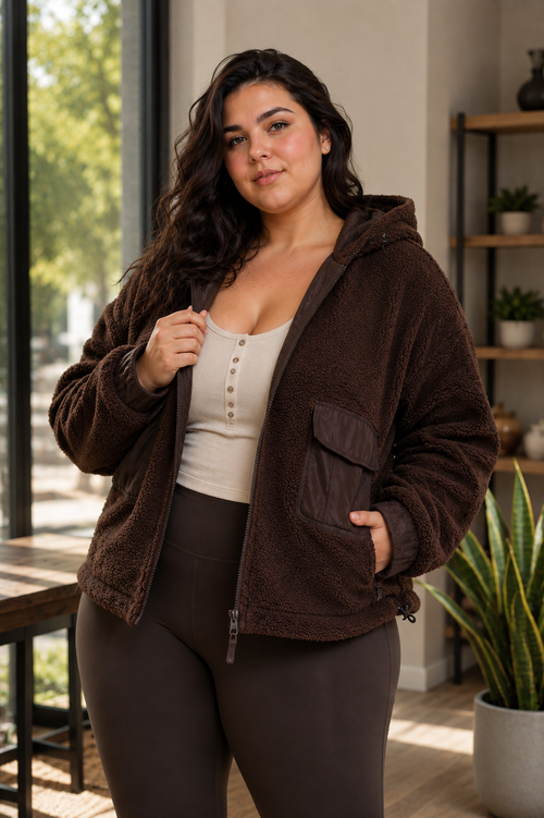 CURVY Sherpa Dreams Cropped Hooded Jacket - Accessorizeyourvibe - CURVY Sherpa Dreams Cropped Hooded Jacket - Chocolate / 1X - Accessorizeyourvibe