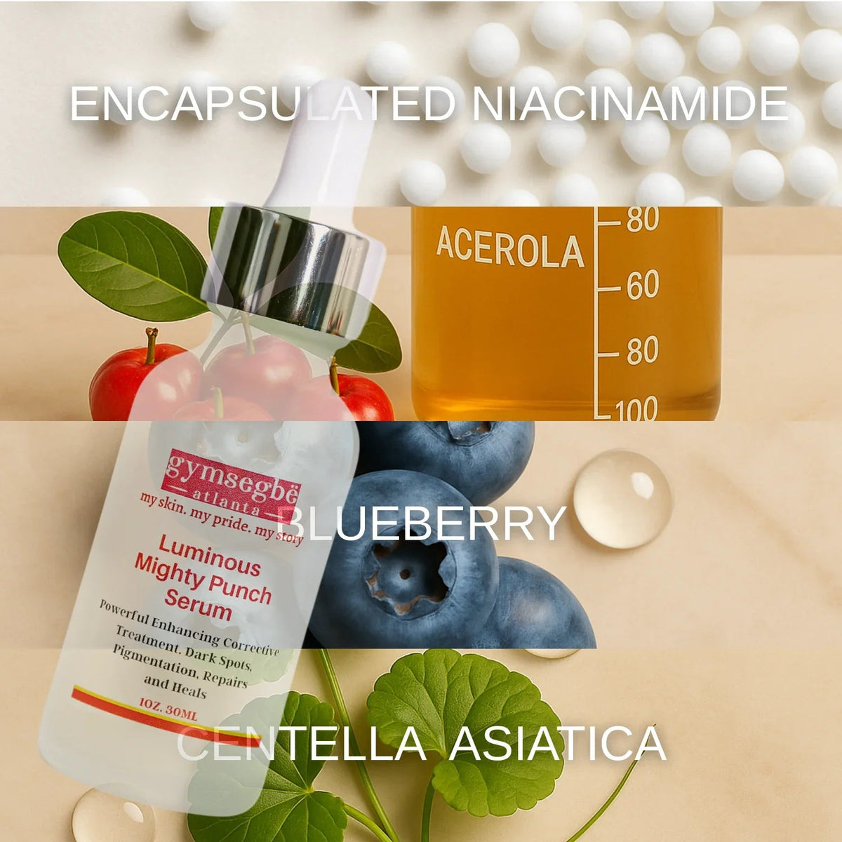 Luminous Mighty Punch Serum ingredient collage showing a 30 ml bottle and niacinamide, acerola, blueberry and centella labels