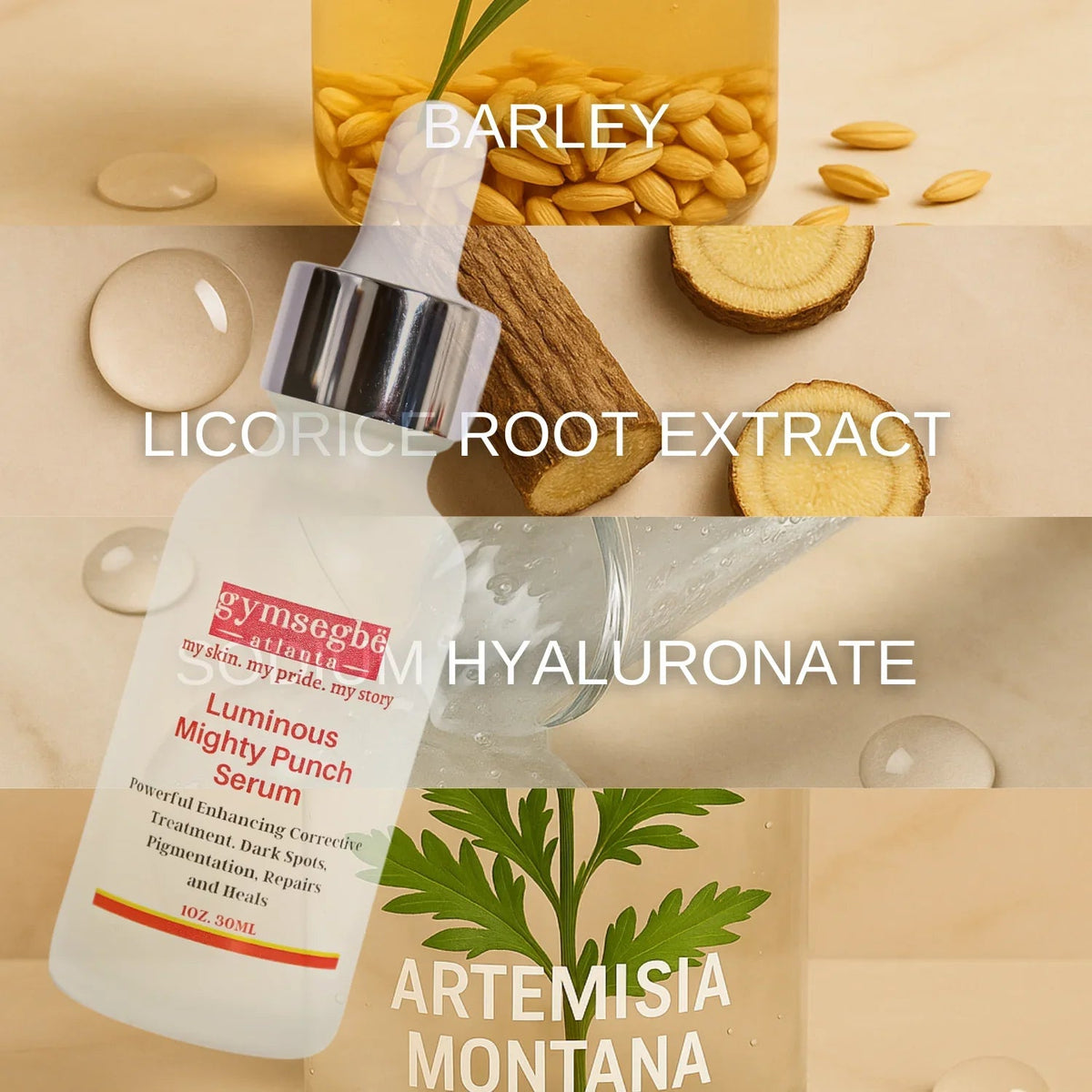 Luminous Mighty Punch Serum ingredient collage showing a 30 ml bottle and barley, licorice root, sodium hyaluronate and artemisia labels
