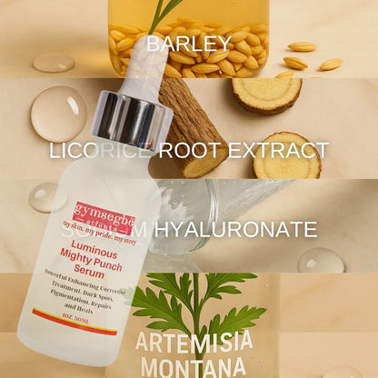 Luminous Mighty Punch Serum ingredient collage showing a 30 ml bottle and barley, licorice root, sodium hyaluronate and artemisia labels