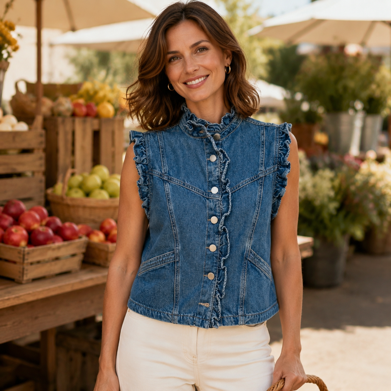 Victorian Muse Ruffle-Trim Denim Vest – High Collar Statement Layer