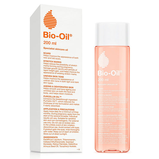 Bio-Oil Specialist Skincare Oil 200 ml bottle with white cap beside its carton