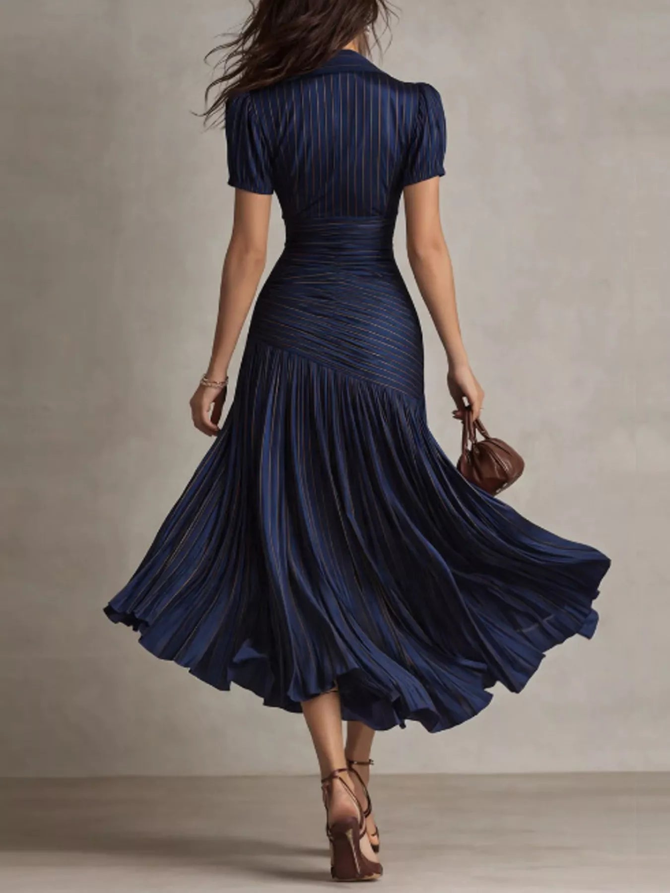 Ruched Pleated Short Sleeve Midi Dress