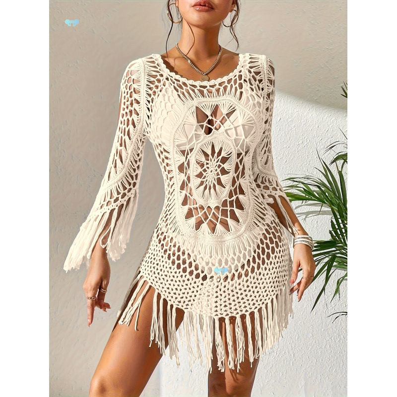 Women's Crochet Beach Cover-Up Tassel Cutout Three-Quarter Sleeve Round Neck