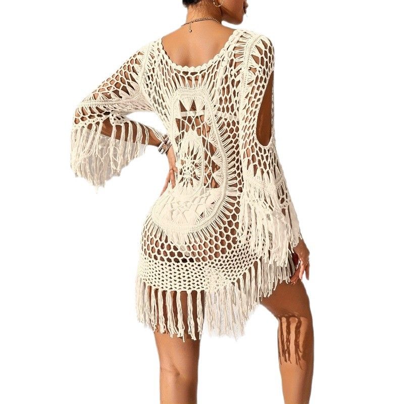 Women's Crochet Beach Cover-Up Tassel Cutout Three-Quarter Sleeve Round Neck