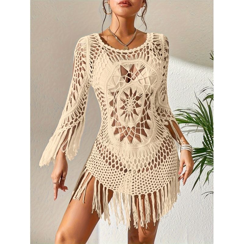Women's Crochet Beach Cover-Up Tassel Cutout Three-Quarter Sleeve Round Neck