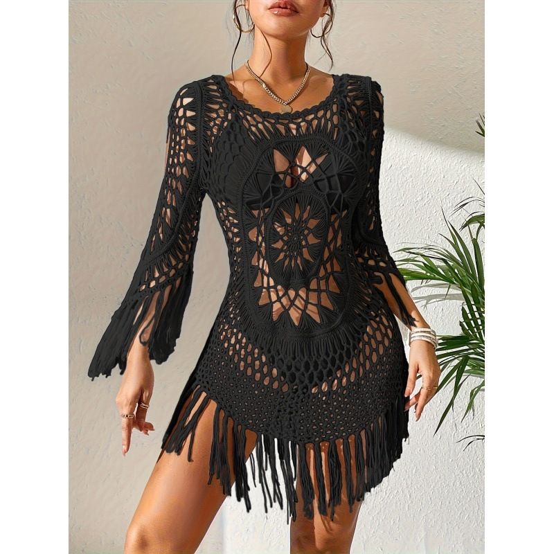 Women's Crochet Beach Cover-Up Tassel Cutout Three-Quarter Sleeve Round Neck