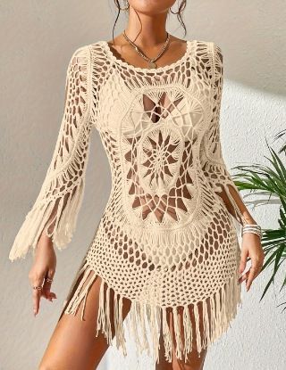 Women's Crochet Beach Cover-Up Tassel Cutout Three-Quarter Sleeve Round Neck