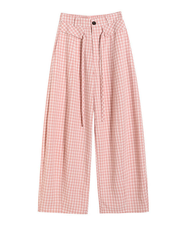 High Waist Loose Fit Casual Wide Leg Pants Women's Retro Plaid Dopamine Pants