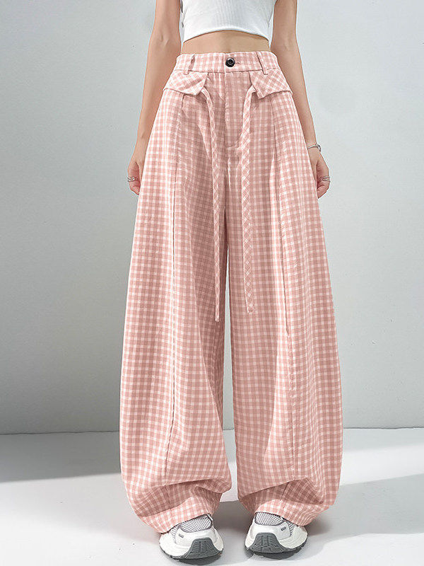 High Waist Loose Fit Casual Wide Leg Pants Women's Retro Plaid Dopamine Pants