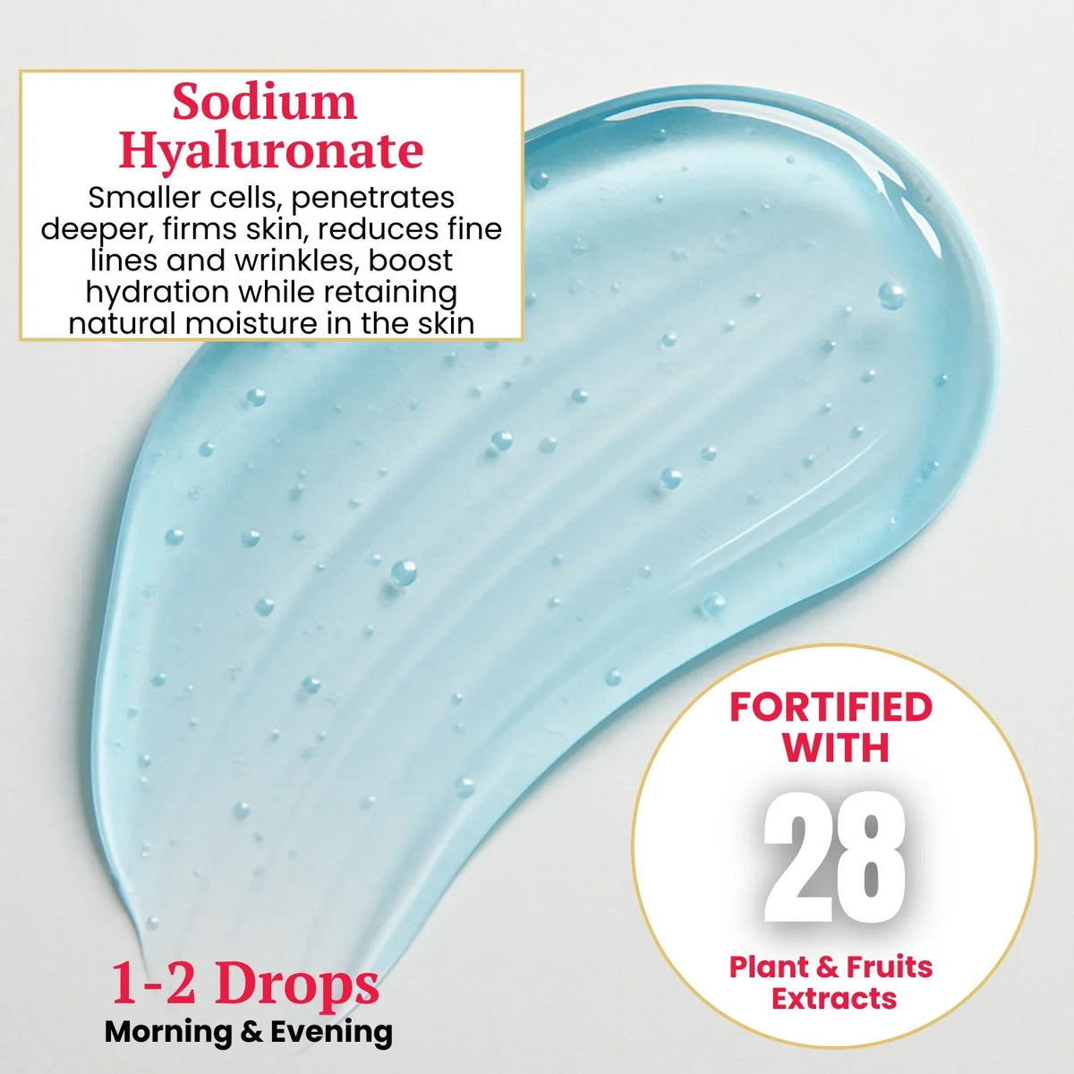 Sodium hyaluronate promotional graphic with a blue gel swatch