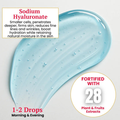 Sodium hyaluronate promotional graphic with a blue gel swatch