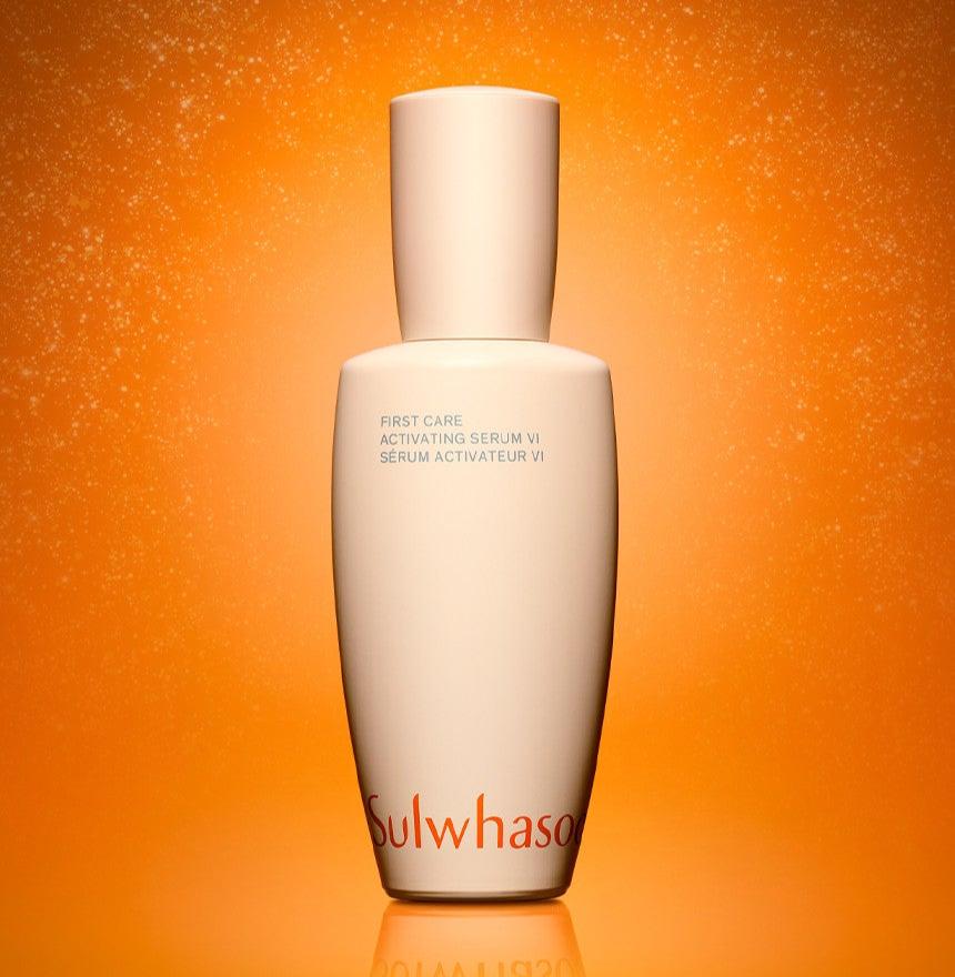 Sulwhasoo First Care Activating Serum VI bottle against an orange background