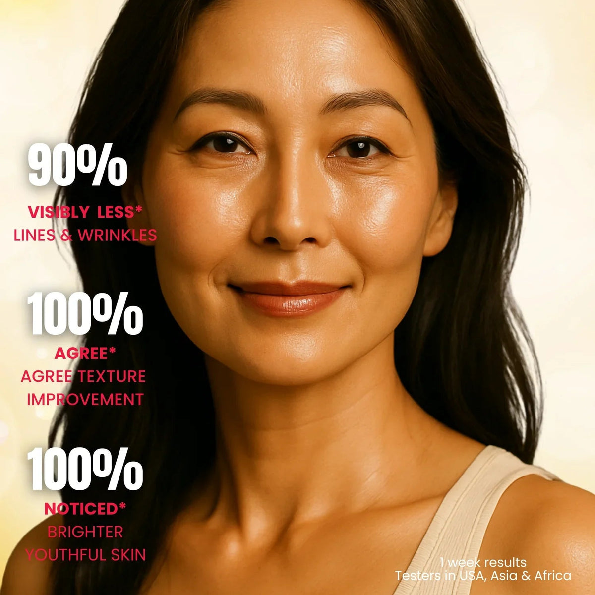 Portrait of a woman in a Luminous Mighty Punch Serum promotional graphic